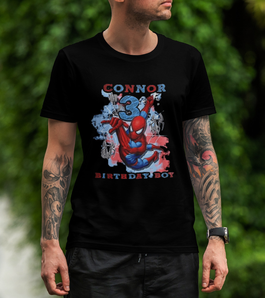 Connor 3 Birthday Boy Spider Man Web Slinging Cartoon T-Shirt
