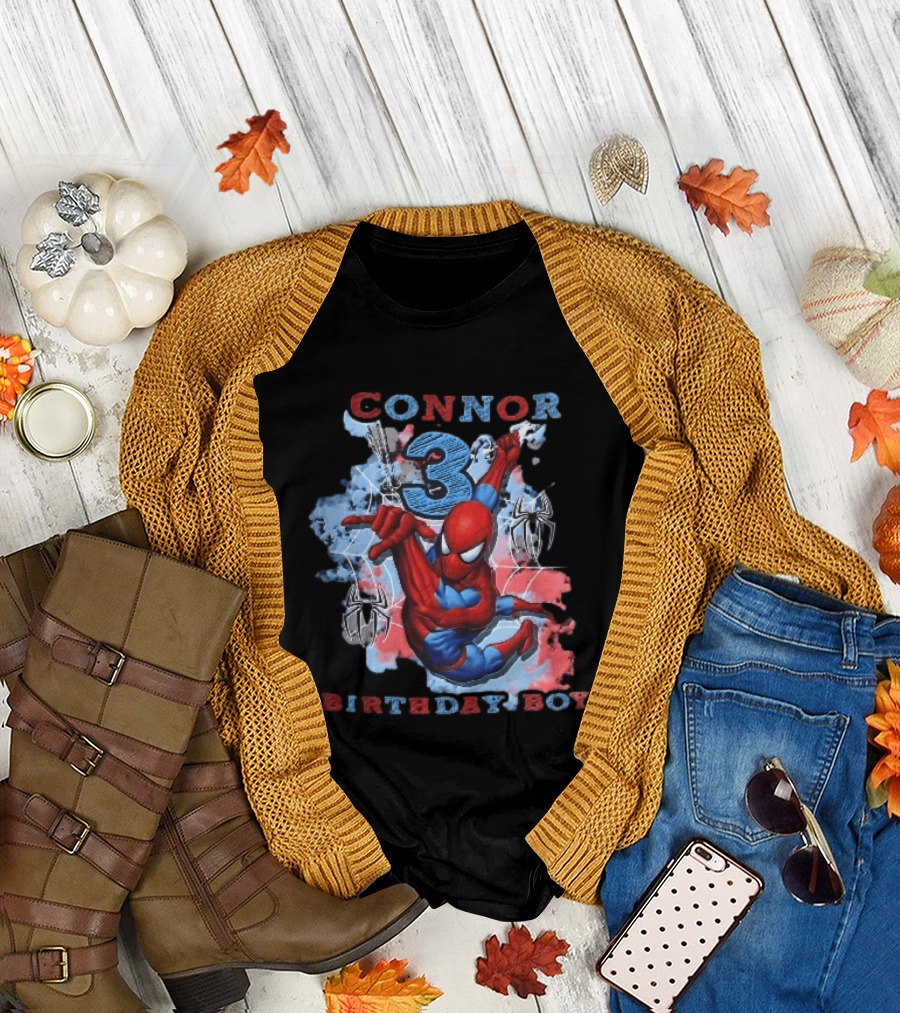 Connor 3 Birthday Boy Spider Man Web Slinging Cartoon T-Shirt