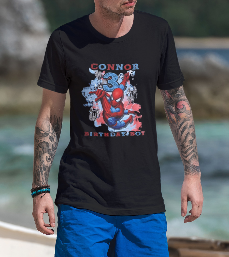 Connor 3 Birthday Boy Spider Man Web Slinging Cartoon T-Shirt
