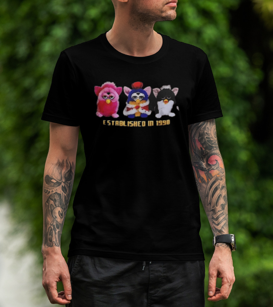 Established In 1998 Three Furby Plush Toys With Crown T-Shirt