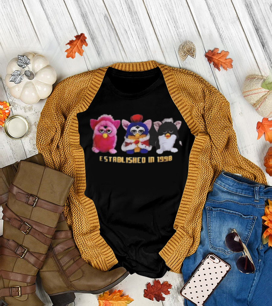 Established In 1998 Three Furby Plush Toys With Crown T-Shirt