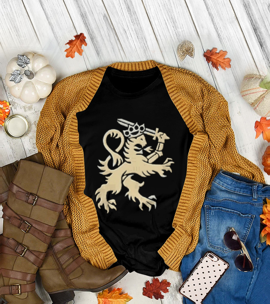 Heraldic Gold Rampant Lion With Crown Sword And Brass Knuckles T-Shirt