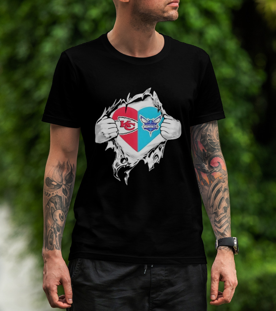 Kansas City Chiefs Charlotte Hornets Heart Hands Ripping Open T-Shirt