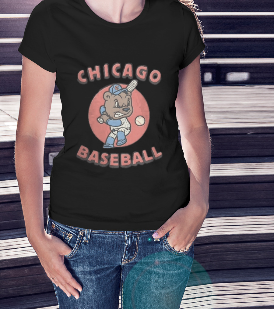 Chicago Cubs Baseball Bear Swinging Bat Cartoon T-Shirt