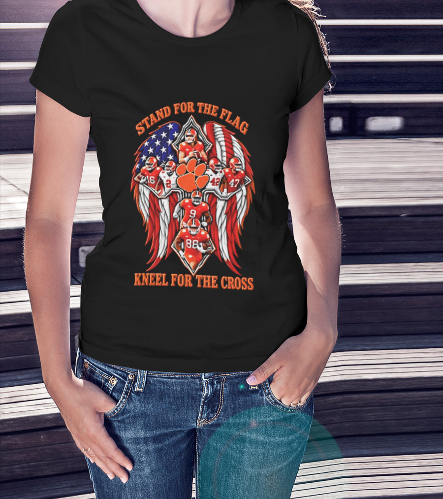 Clemson Tigers Stand For The Flag Kneel For The Cross 2026 American Flag Football Paw T-Shirt