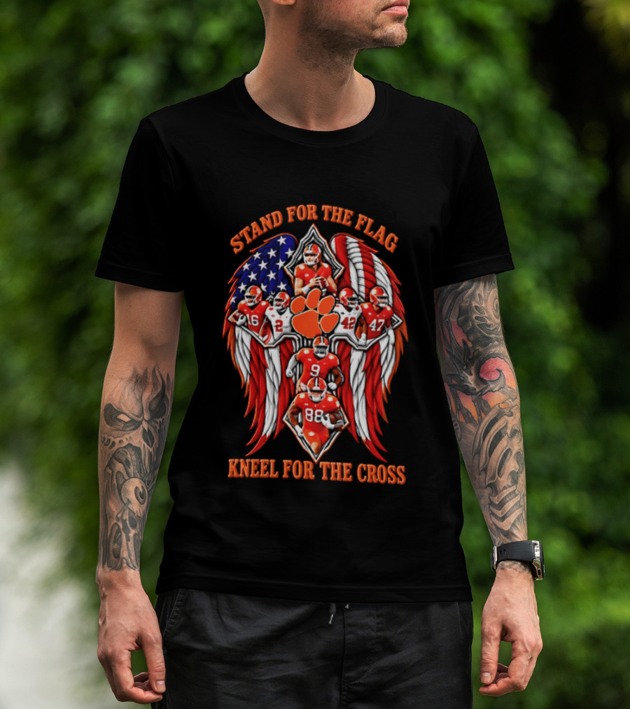 Clemson Tigers Stand For The Flag Kneel For The Cross 2026 American Flag Football Paw T-Shirt
