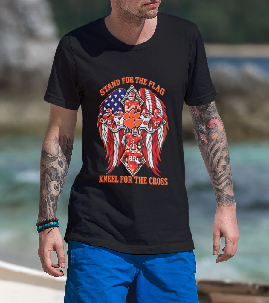 Clemson Tigers Stand For The Flag Kneel For The Cross 2026 American Flag Football Paw T-Shirt