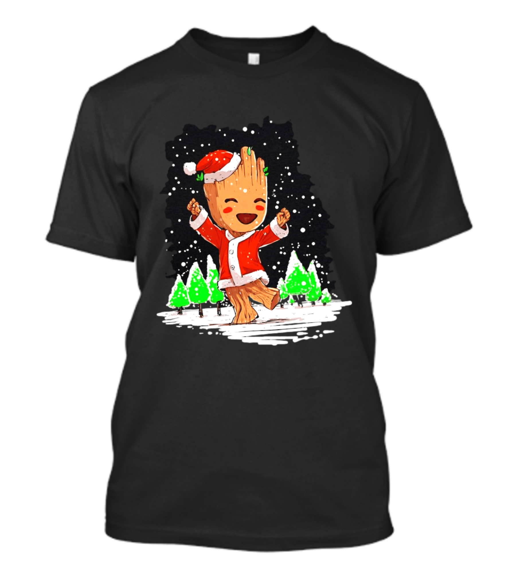 Dancing Santa Groot Christmas Trees Snow Scene T-Shirt