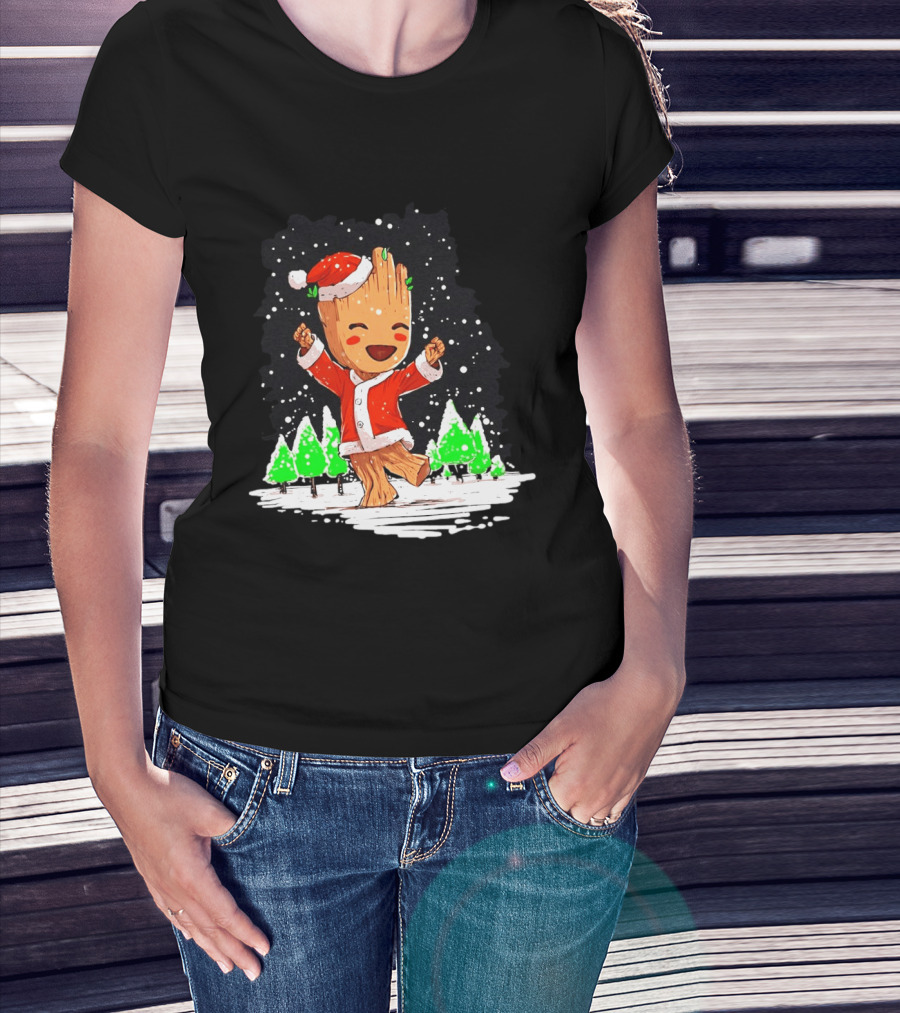 Dancing Santa Groot Christmas Trees Snow Scene T-Shirt