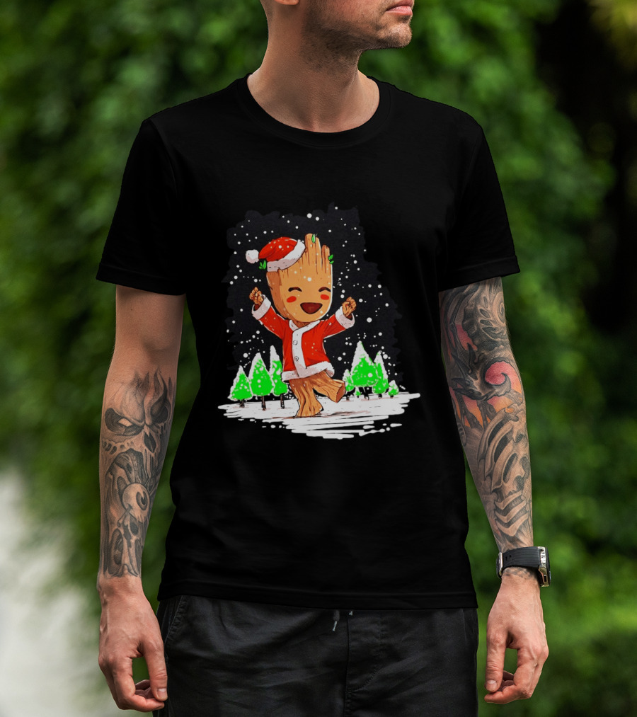 Dancing Santa Groot Christmas Trees Snow Scene T-Shirt