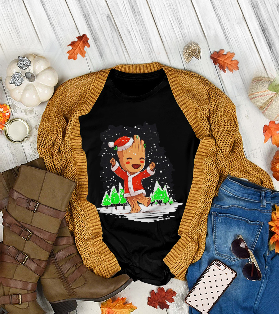 Dancing Santa Groot Christmas Trees Snow Scene T-Shirt