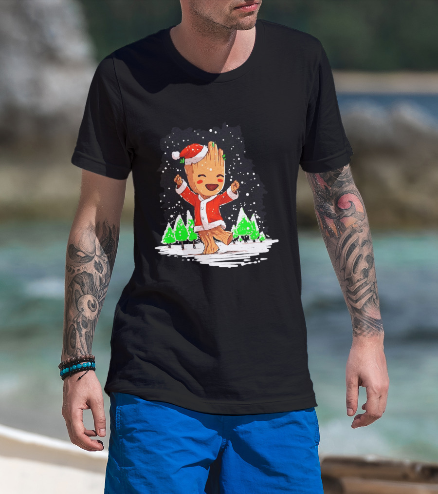 Dancing Santa Groot Christmas Trees Snow Scene T-Shirt