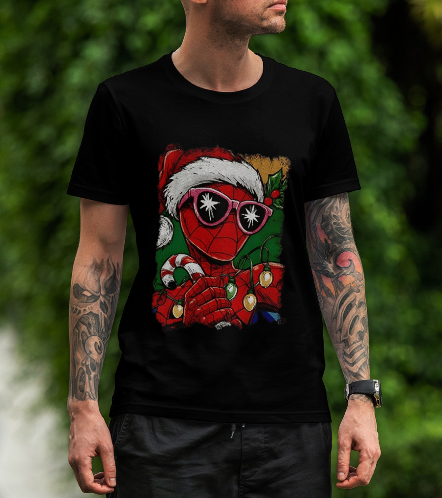 Marvel Spider Man Christmas Santa Candy Cane Festive Lights T-Shirt