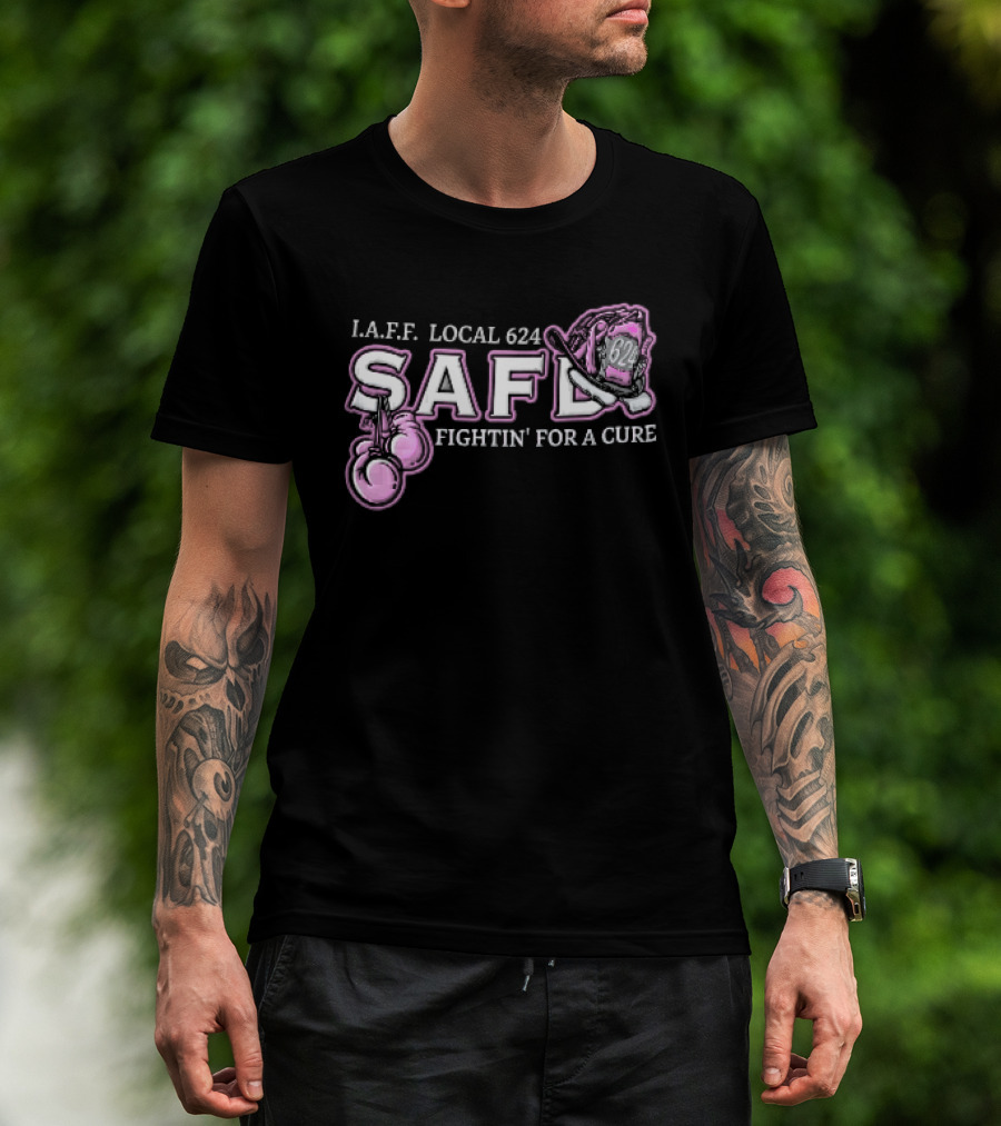 IAFF Local 624 SAFD Fightin' For A Cure Pink Boxing Gloves Firefighter Helmet T-Shirt