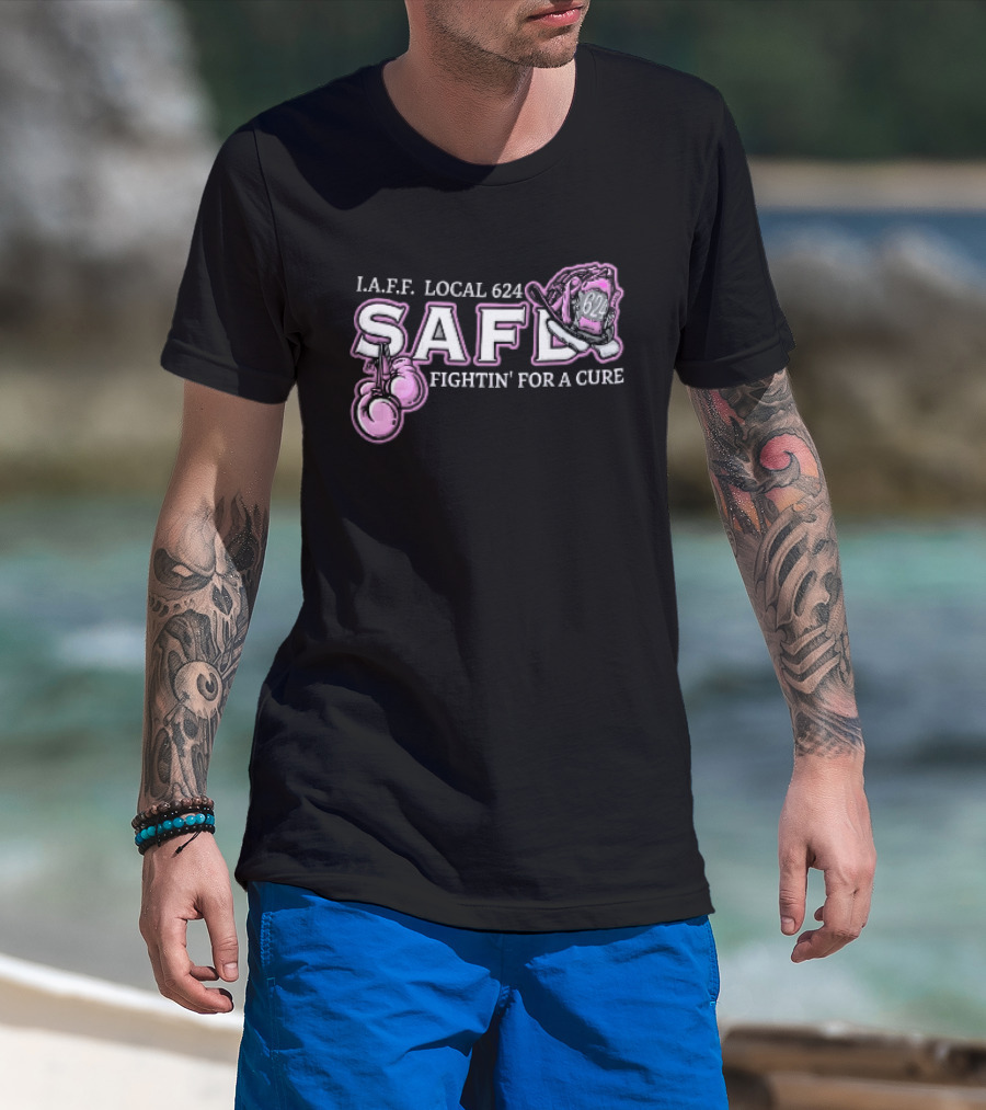 IAFF Local 624 SAFD Fightin' For A Cure Pink Boxing Gloves Firefighter Helmet T-Shirt
