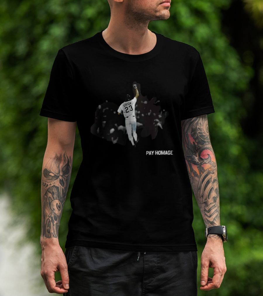 Pay Homage Gibson 23 Baseball Player Fist Pump Back View T-Shirt