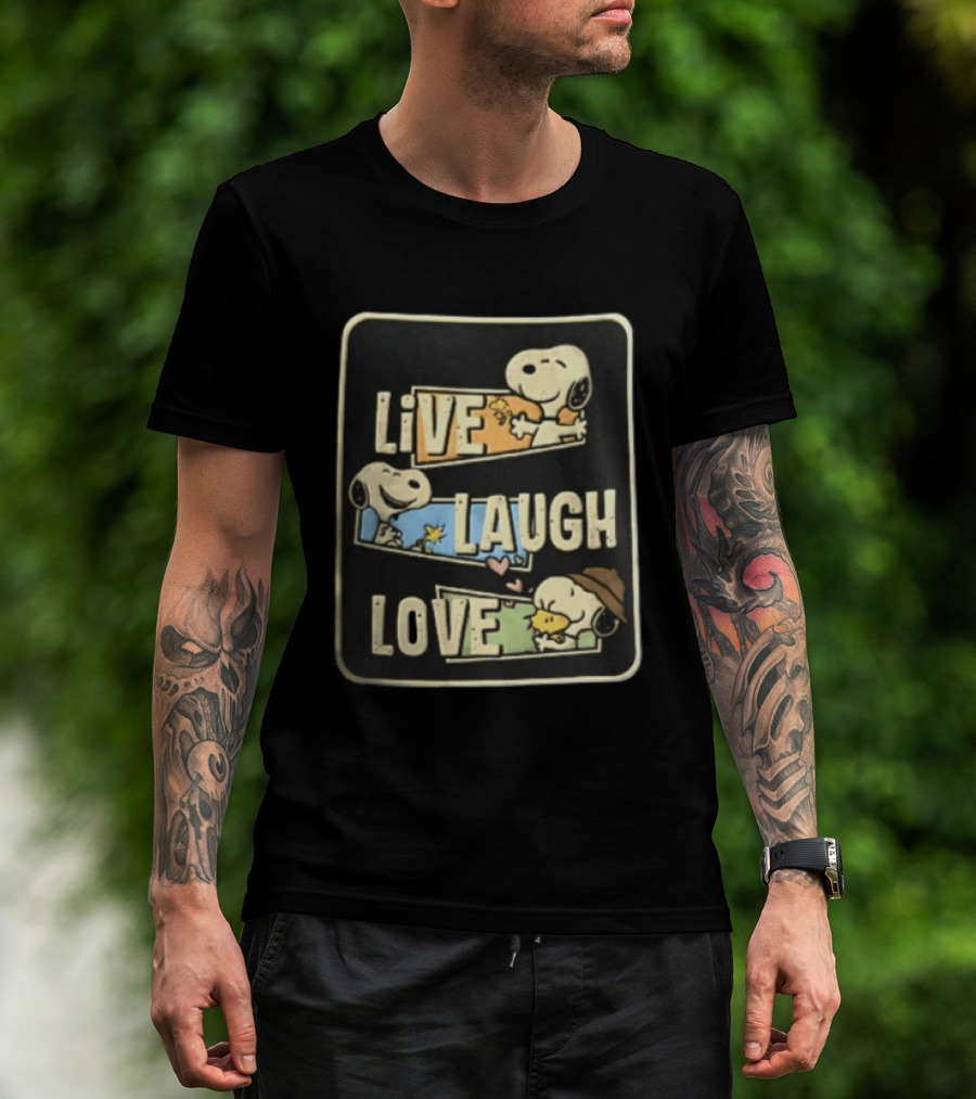 Live Laugh Love Peanuts Snoopy Woodstock Hugging Panels T-Shirt