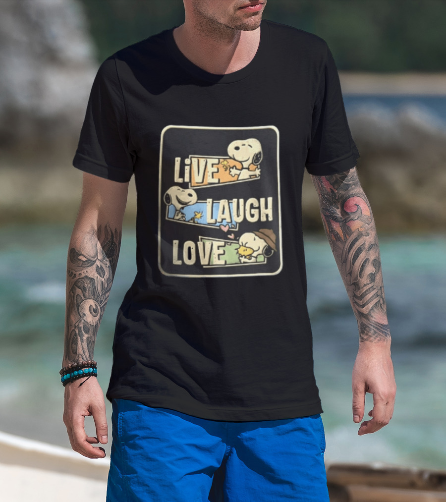 Live Laugh Love Peanuts Snoopy Woodstock Hugging Panels T-Shirt
