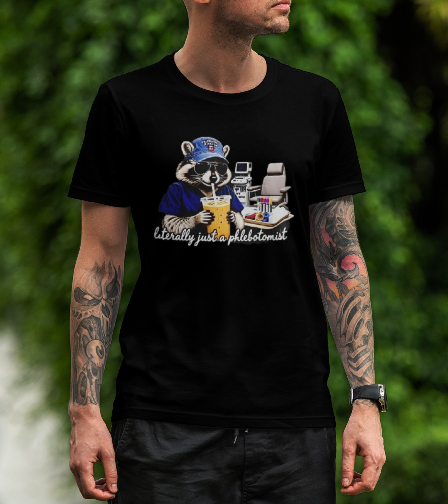 Raccoon Phlebotomist In Scrubs Sipping Drink With Blood Collection Tubes T-Shirt