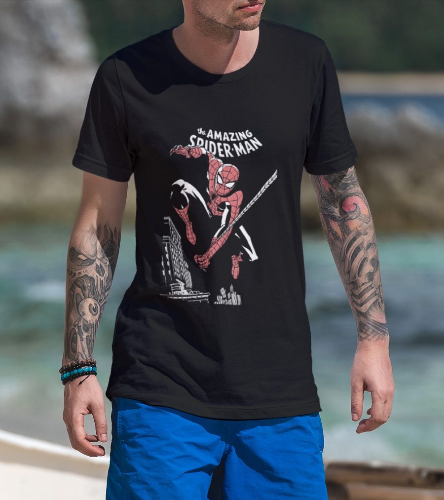 The Amazing Spider Man Swinging Above City Skyline T-Shirt