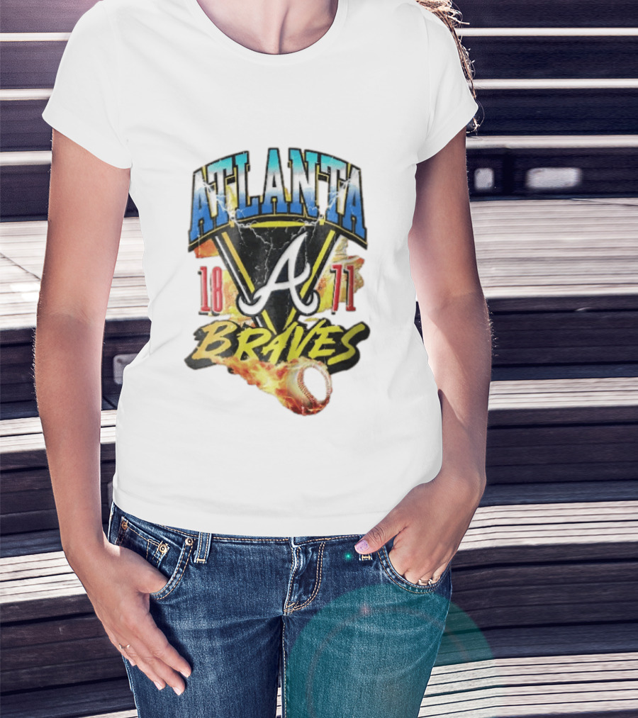 Atlanta Braves 1871 Vintage Flaming Baseball Lightning Triangle T-Shirt
