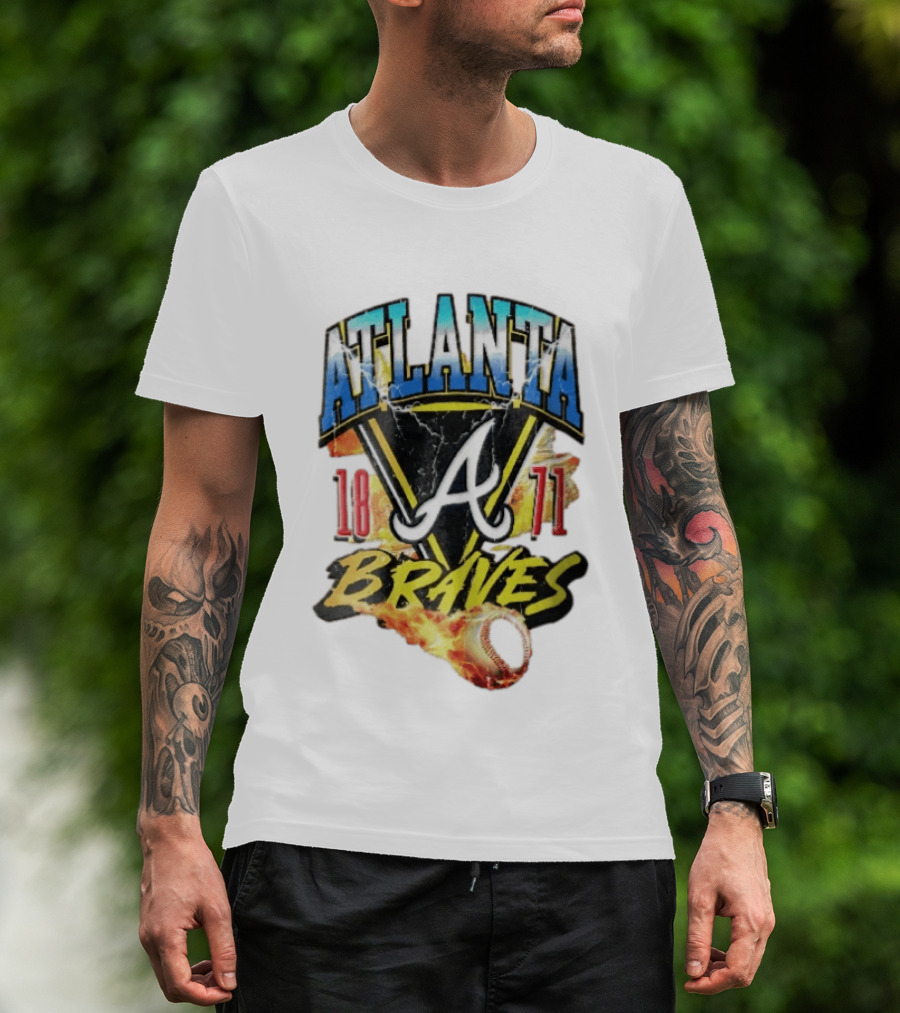 Atlanta Braves 1871 Vintage Flaming Baseball Lightning Triangle T-Shirt