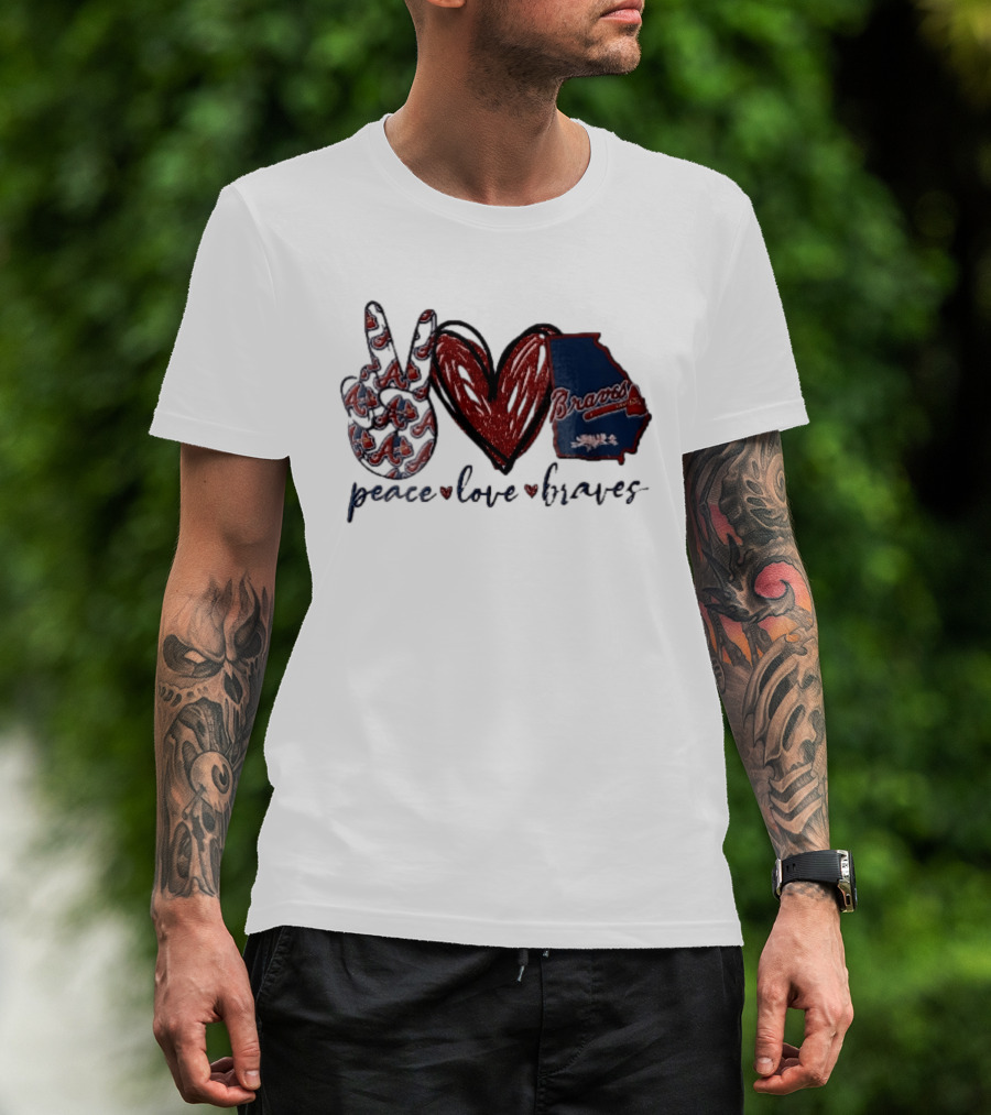 Peace Love Braves Hand Red Glitter Heart Georgia Map T-Shirt