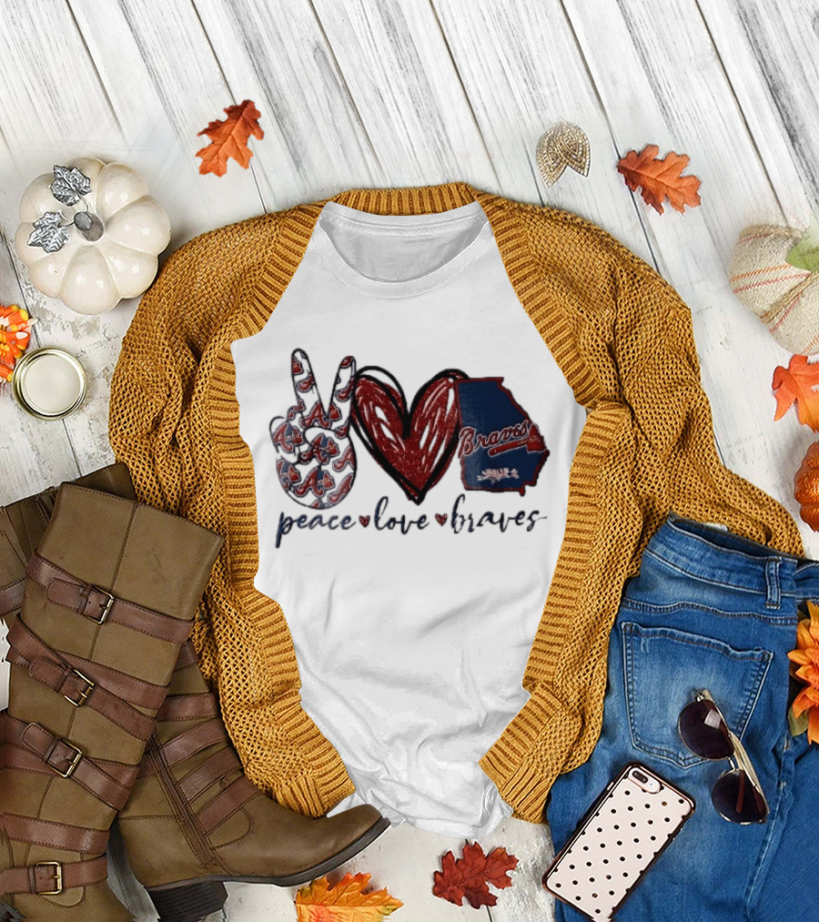 Peace Love Braves Hand Red Glitter Heart Georgia Map T-Shirt