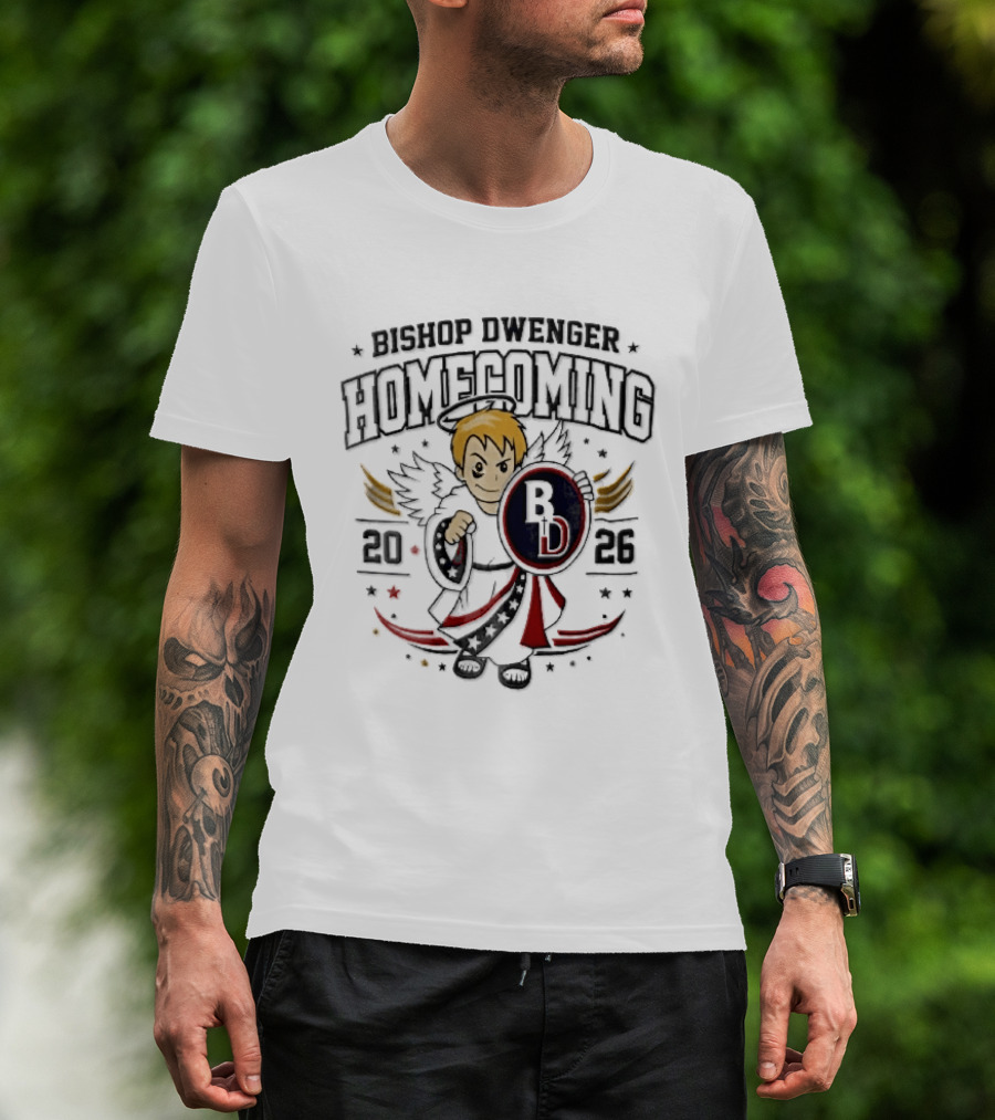 Bishop Dwenger Homecoming 2026 Cartoon Angel Holding Shield Stars 2023 T-Shirt