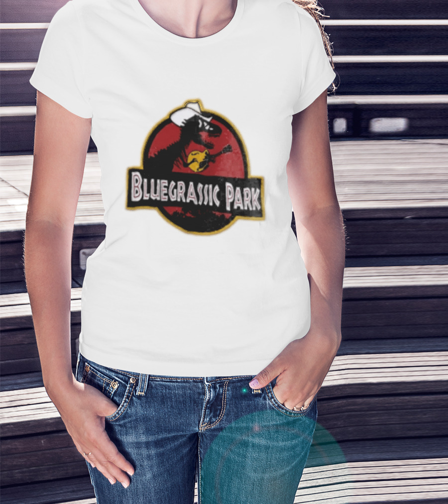Bluegrassic Park Dinosaur Playing Mandolin Cowboy Hat Jurassic T-Shirt