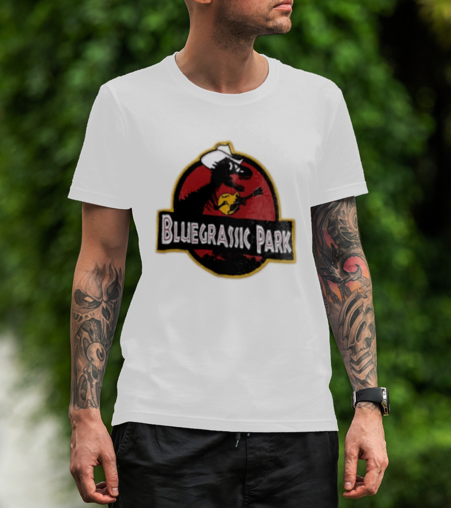 Bluegrassic Park Dinosaur Playing Mandolin Cowboy Hat Jurassic T-Shirt