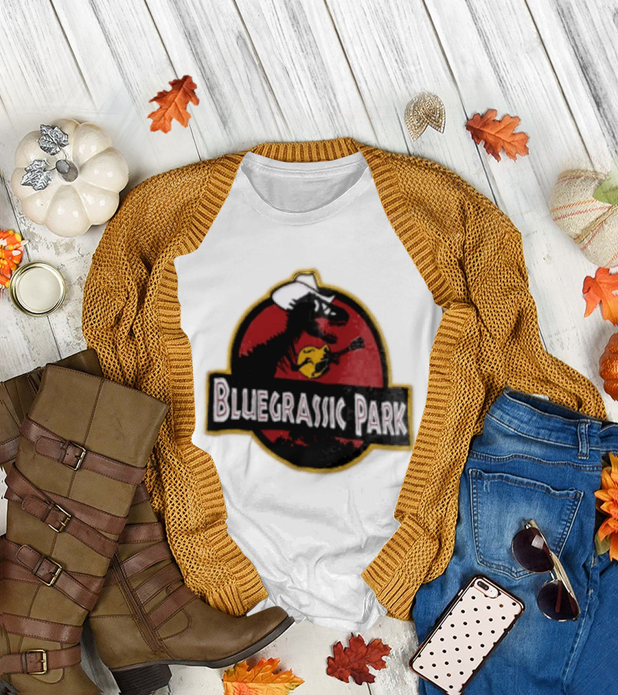 Bluegrassic Park Dinosaur Playing Mandolin Cowboy Hat Jurassic T-Shirt