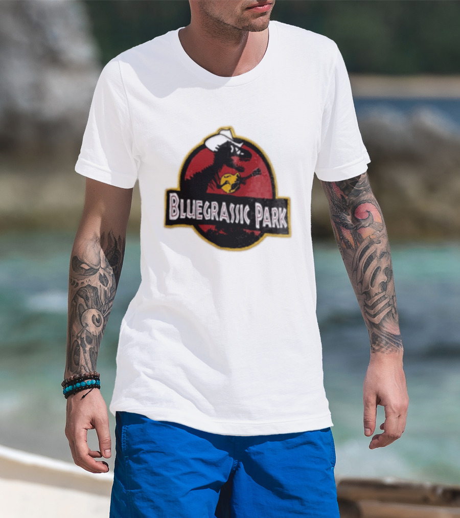 Bluegrassic Park Dinosaur Playing Mandolin Cowboy Hat Jurassic T-Shirt
