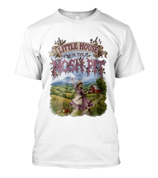 Little House In The Mosh Pit Pioneer Girl Screaming Pitchfork Red Barn Farm Country Scene T-Shirt