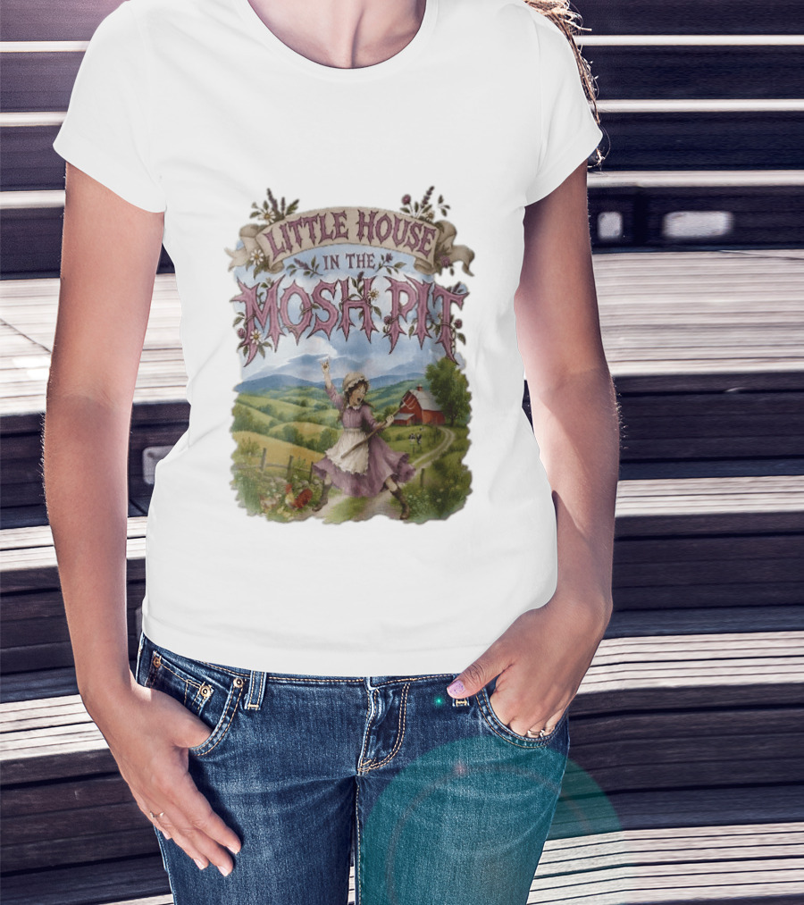 Little House In The Mosh Pit Pioneer Girl Screaming Pitchfork Red Barn Farm Country Scene T-Shirt