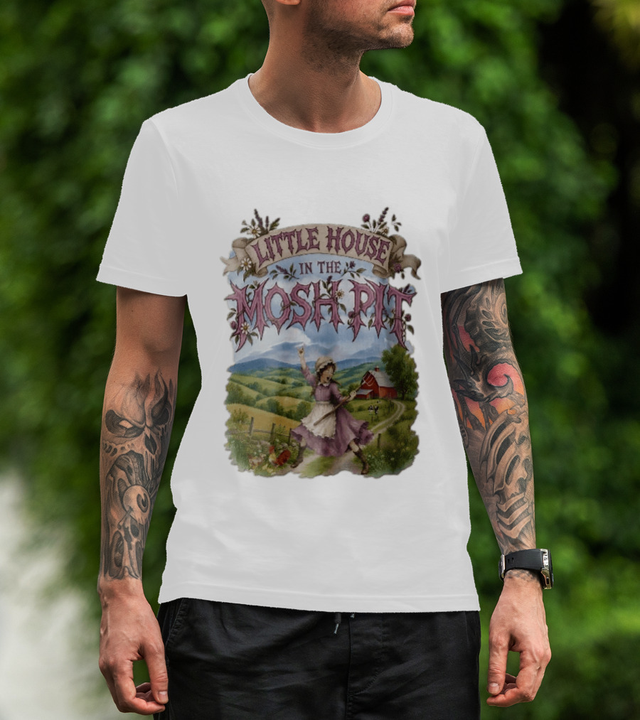 Little House In The Mosh Pit Pioneer Girl Screaming Pitchfork Red Barn Farm Country Scene T-Shirt