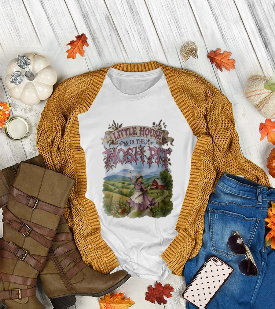 Little House In The Mosh Pit Pioneer Girl Screaming Pitchfork Red Barn Farm Country Scene T-Shirt