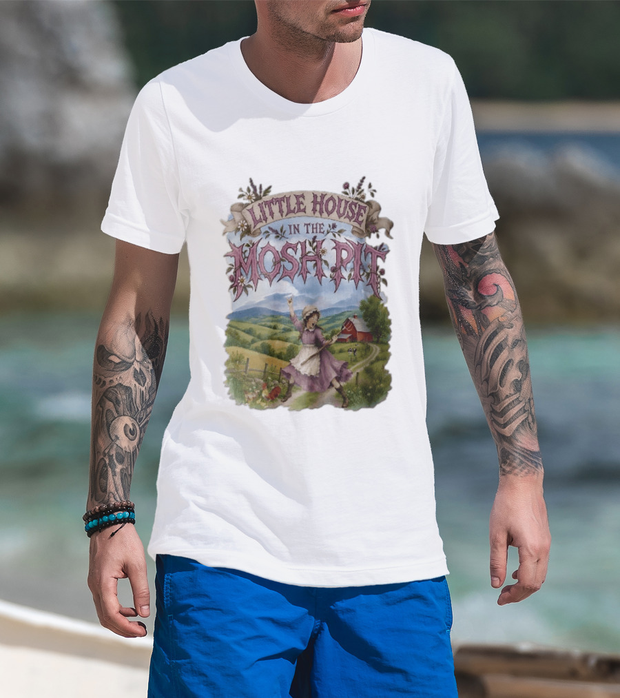 Little House In The Mosh Pit Pioneer Girl Screaming Pitchfork Red Barn Farm Country Scene T-Shirt