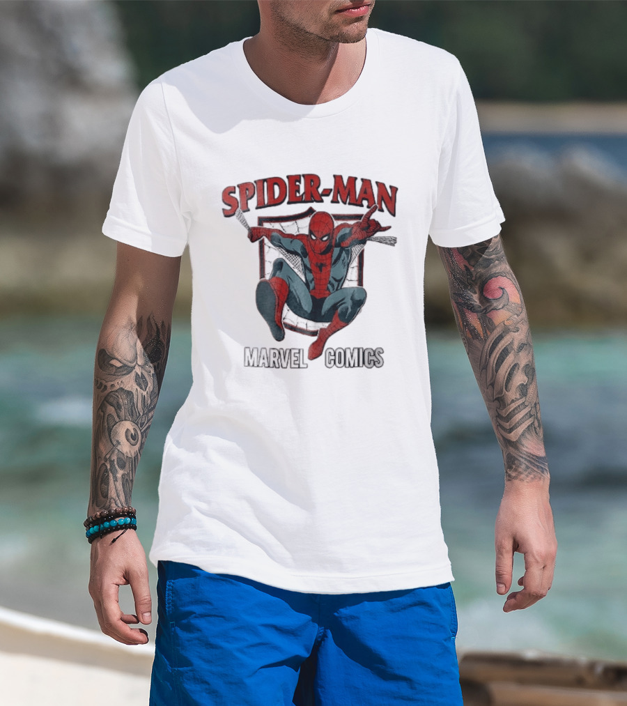 Spider Man Marvel Comics Crouching Web Shield Pose T-Shirt