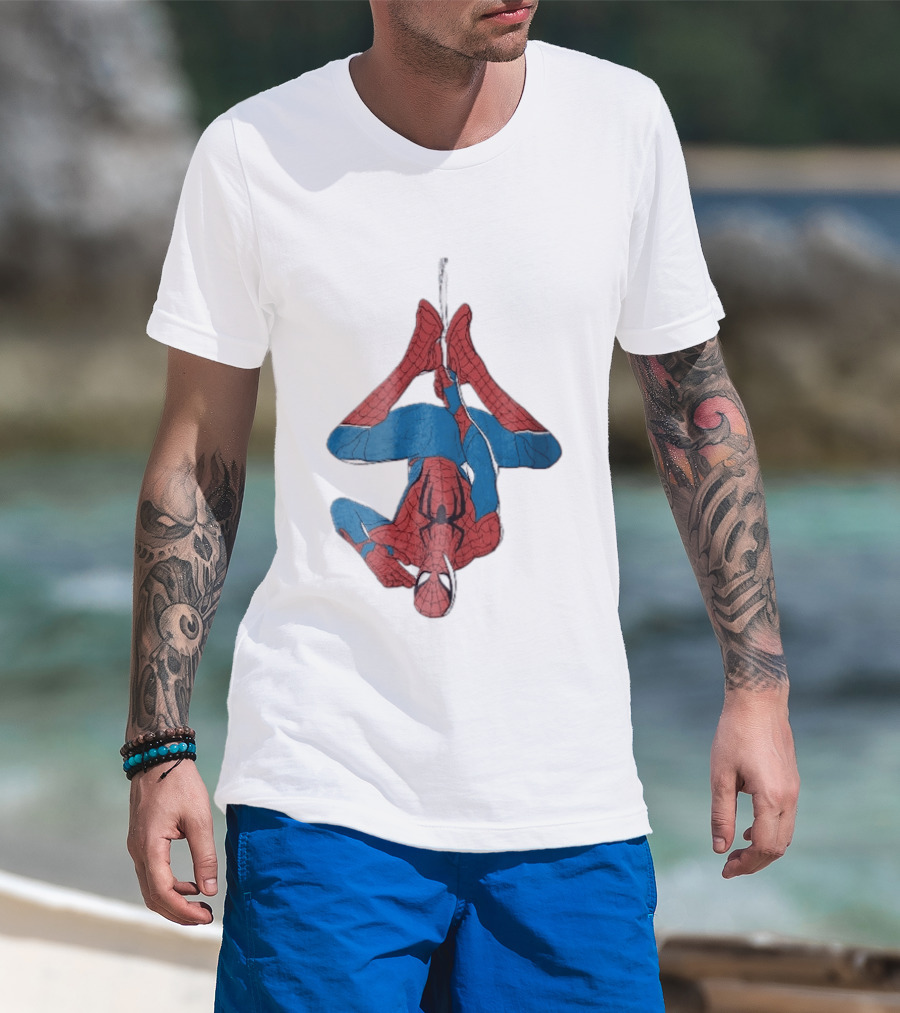 Marvel Spider Man Upside Down Hanging Web Cartoon T-Shirt