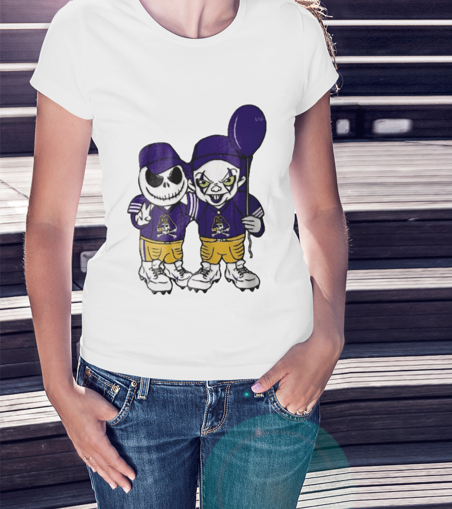 East Carolina Pirates NCAA Jack Skellington Pennywise Clown Purple Balloon T-Shirt