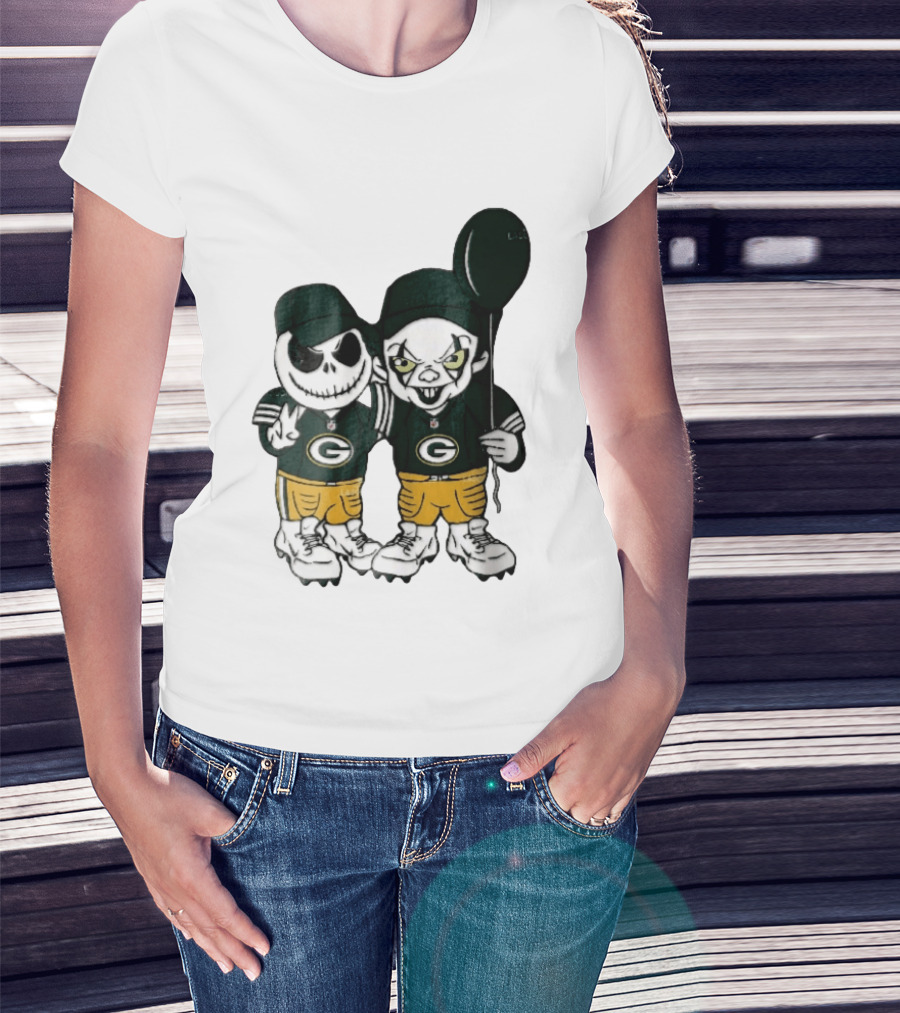 Green Bay Packers Jack Skellington Clown Balloon Cartoon Caricature Duo T-Shirt
