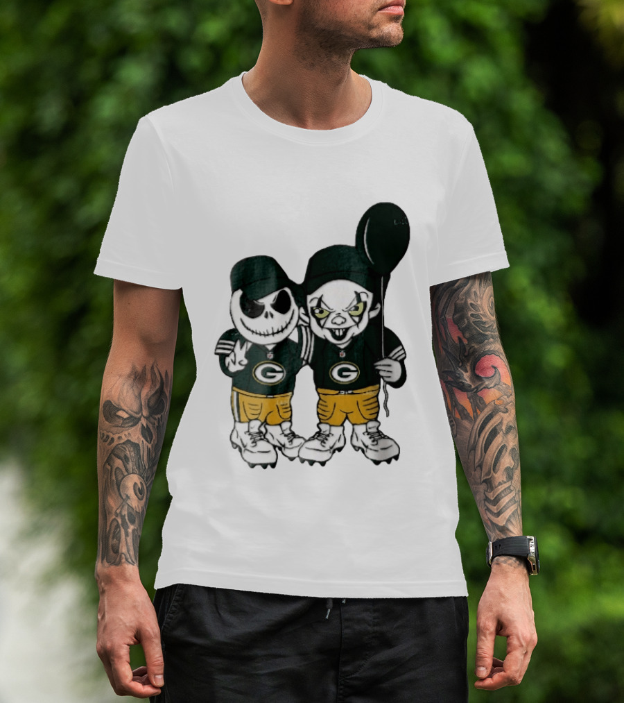 Green Bay Packers Jack Skellington Clown Balloon Cartoon Caricature Duo T-Shirt
