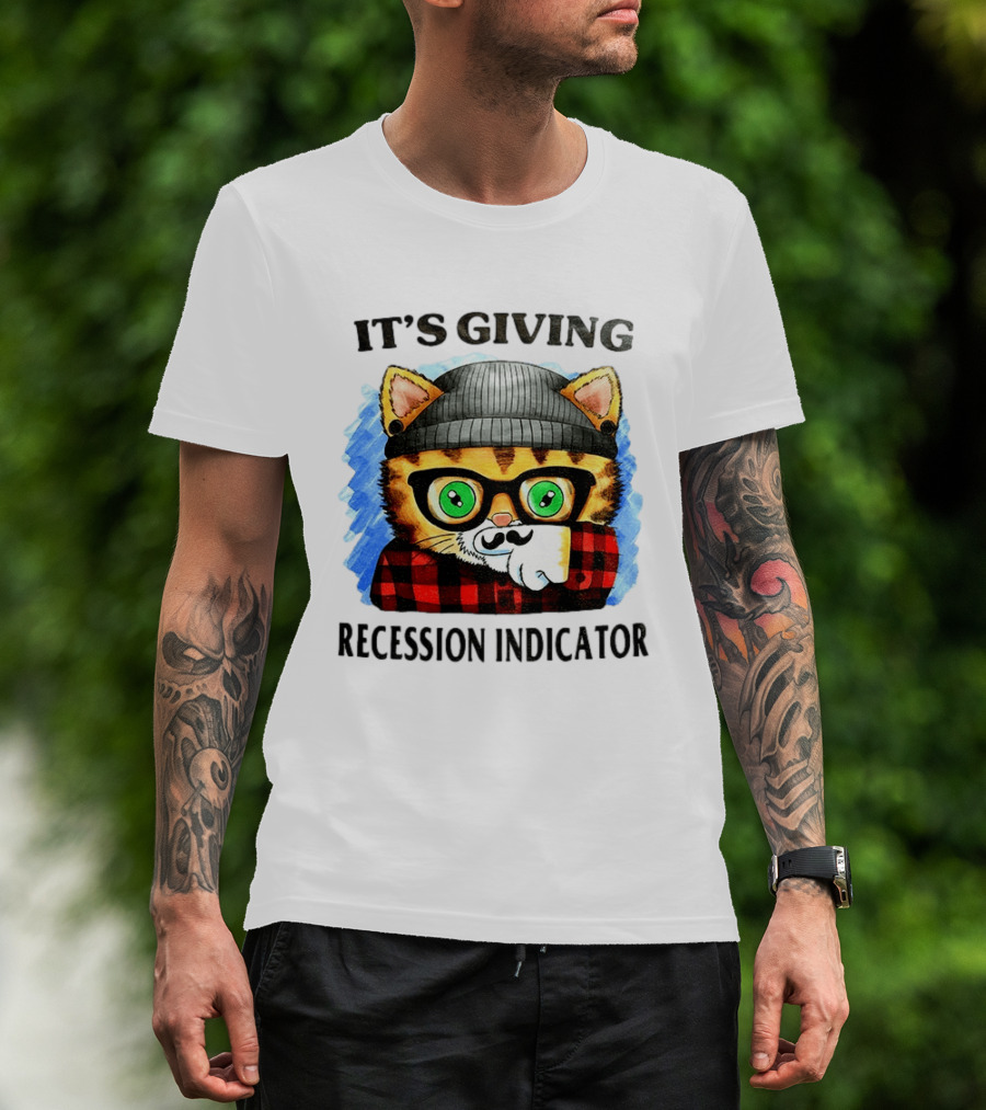 Hipster Cat Glasses Beanie Flannel It's Giving Recession Indicator T-Shirt
