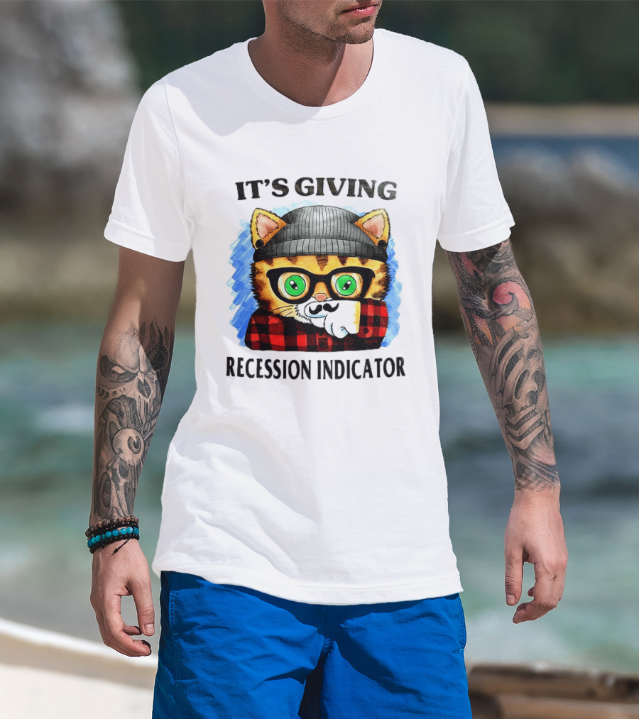 Hipster Cat Glasses Beanie Flannel It's Giving Recession Indicator T-Shirt