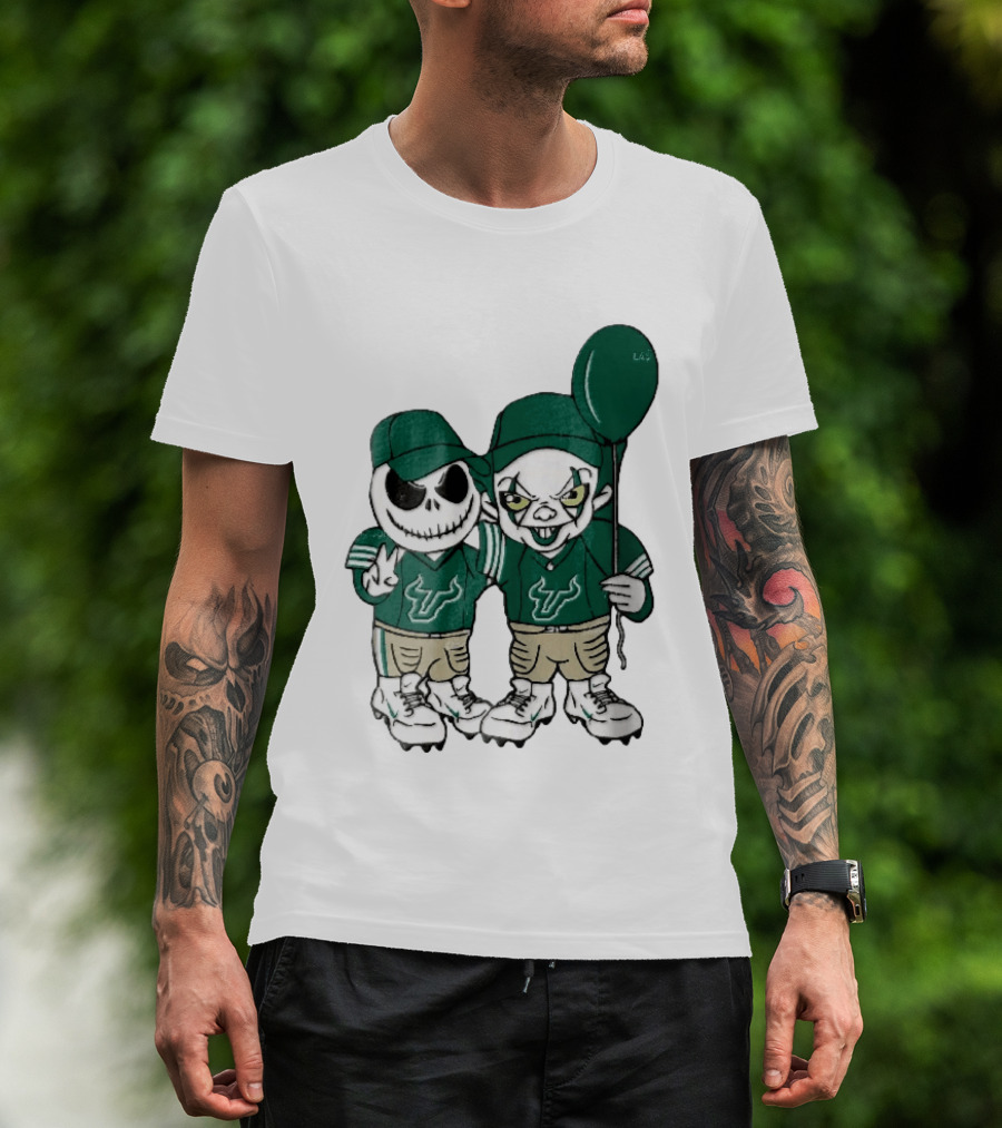 South Florida Bulls Skeleton And Evil Clown With Balloon NCAA Cartoon T-Shirt