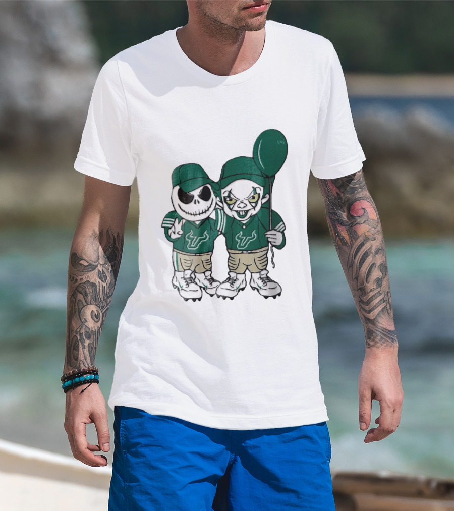 South Florida Bulls Skeleton And Evil Clown With Balloon NCAA Cartoon T-Shirt