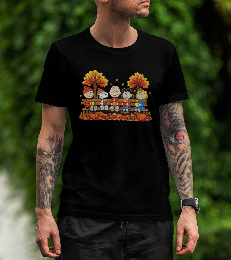 Peanuts Autumn Harvest Scene On Bench With Pumpkins And Falling Leaves T-Shirt