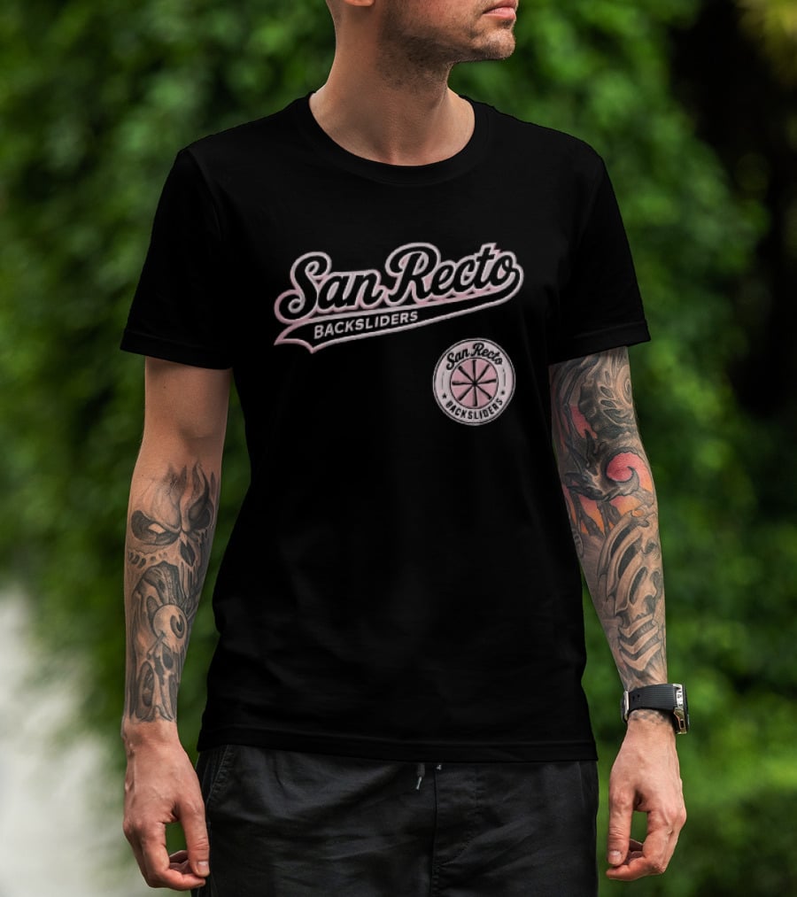 San Recto Backsliders Pink Script Circular Baseball Bat T-Shirt