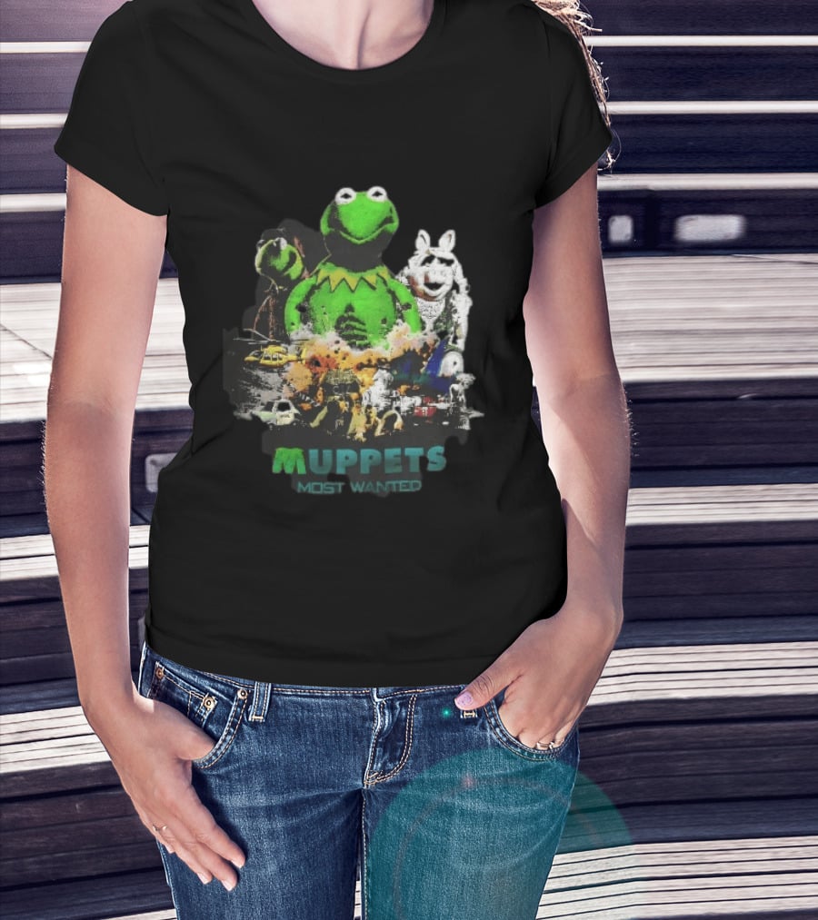 Muppets Most Wanted Kermit Frog Miss Piggy Explosion Helicopter Collage T-Shirt